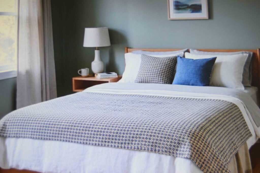A 70s apartment aesthetic bedroom with one patterned blanket over plain sheets and symmetrical bedside lighting