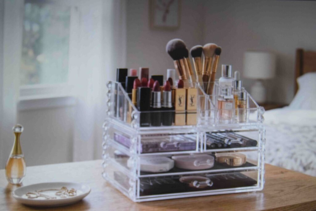 Clear acrylic bling makeup organizer with crystal corner accents