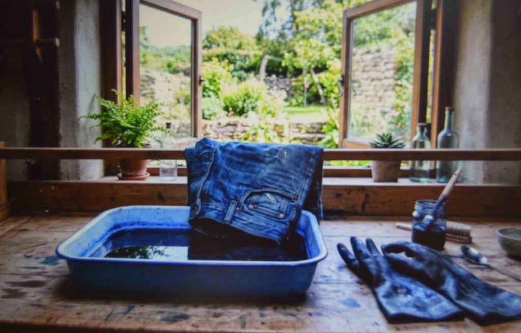 A jean pocket section soaking in dye to color the fabric rather than paint the surface