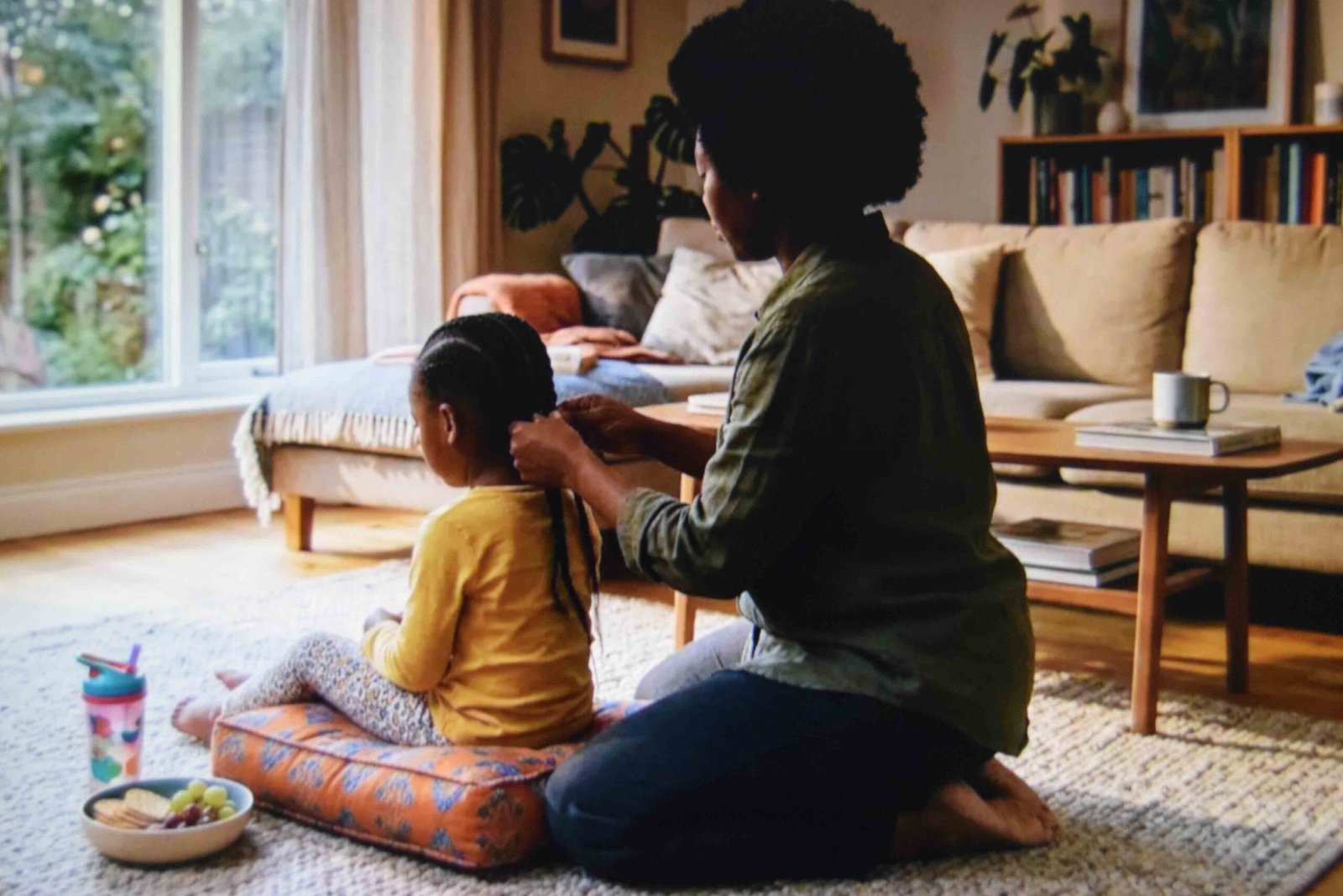 Two feed-in cornrows being braided during an afternoon styling session