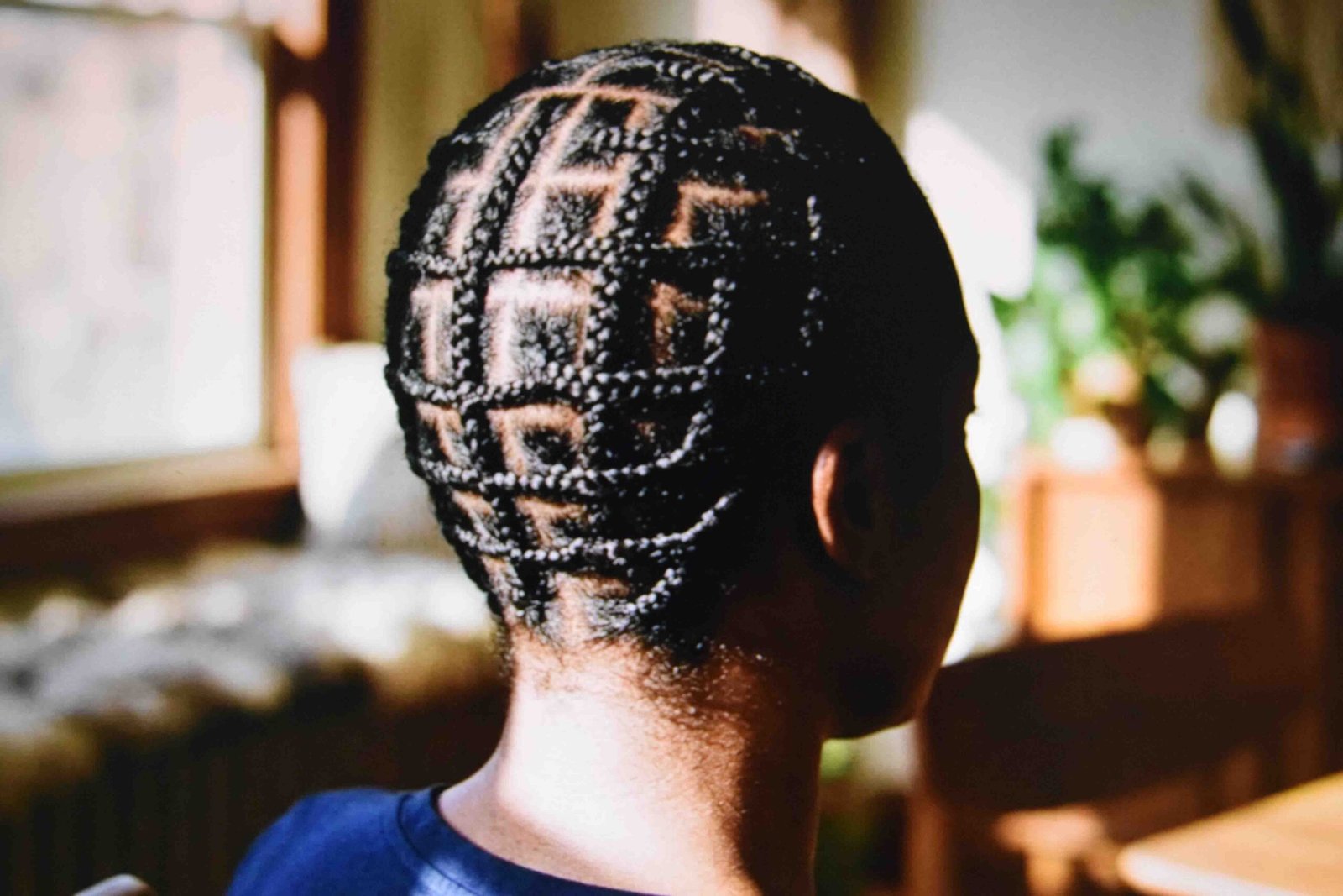 A geometric grid of banded sections worked across the back of the head
