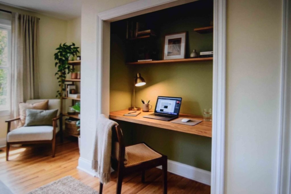A closet converted into a compact nook showing homeschool corner ideas for tight houses