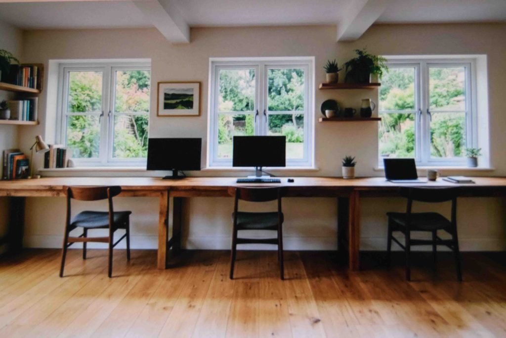 A long shared work surface built along a wall as part of a homeschool room setup