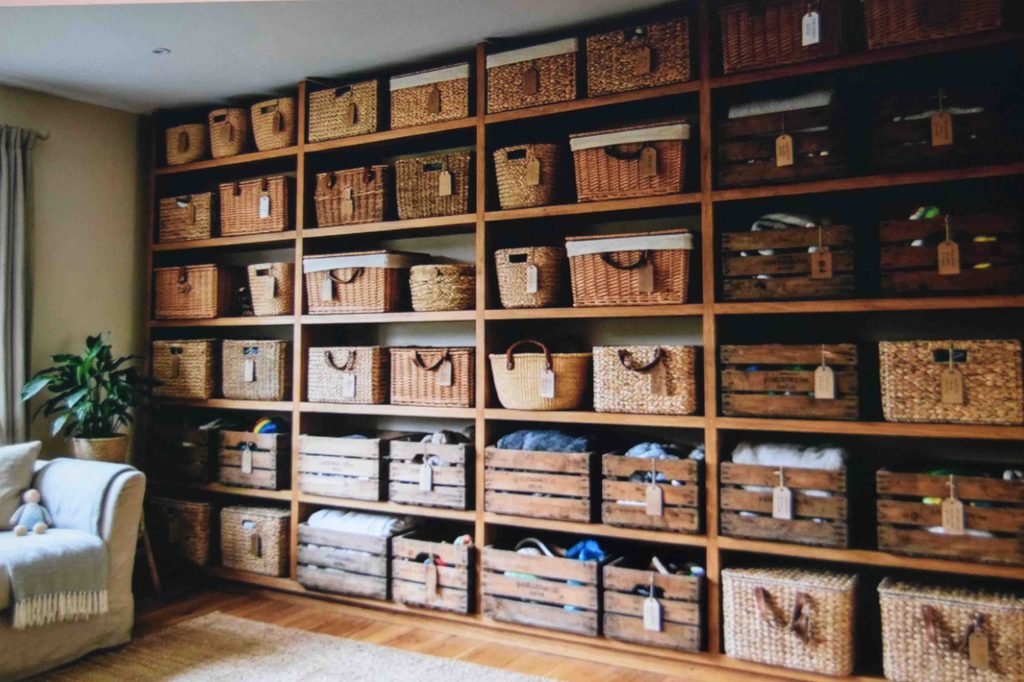 Lidded baskets and crates used as homeschool storage ideas in a shared living area