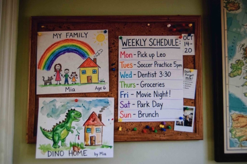 A corkboard and framed map used for display above a home learning desk