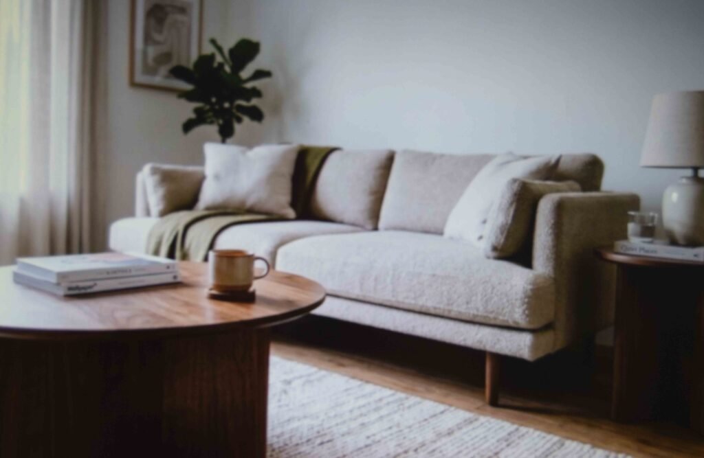 A round walnut coffee table and low seating in a mid century modern apartment living room