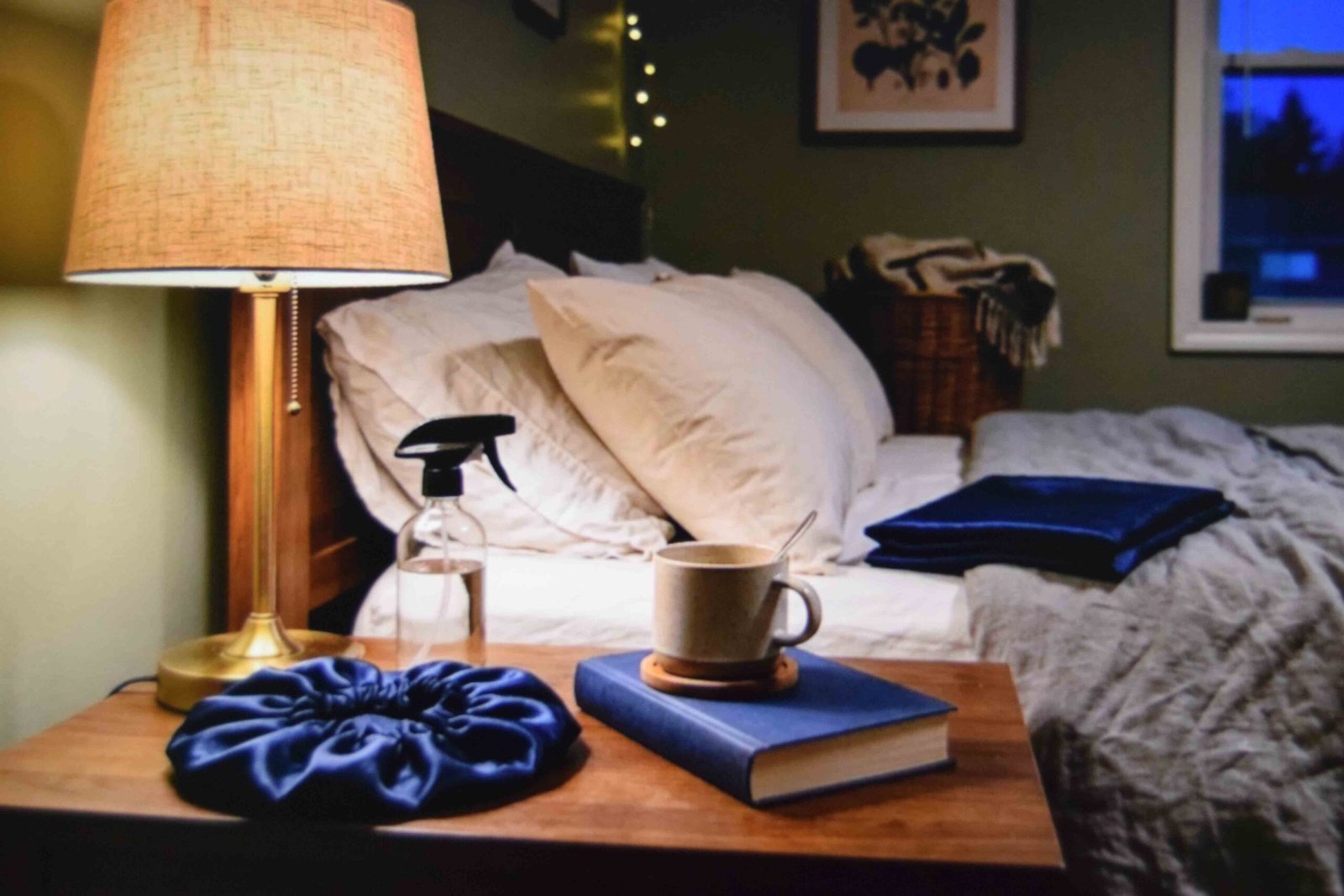Satin bonnet and spray bottle on a bedside table set out for the night routine