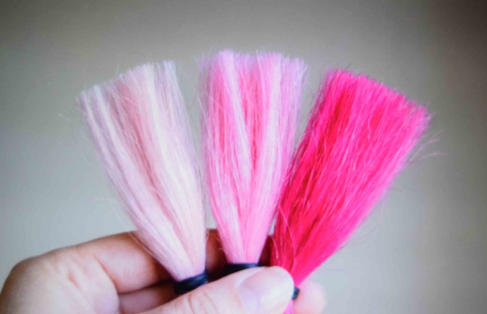 Three shades of pink compared in daylight from pastel to saturated bright