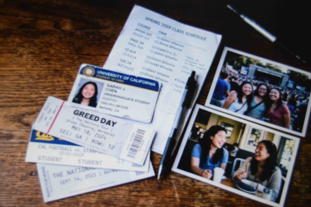 Ticket stubs a student ID and printed photos laid out to show what to put in a senior box
