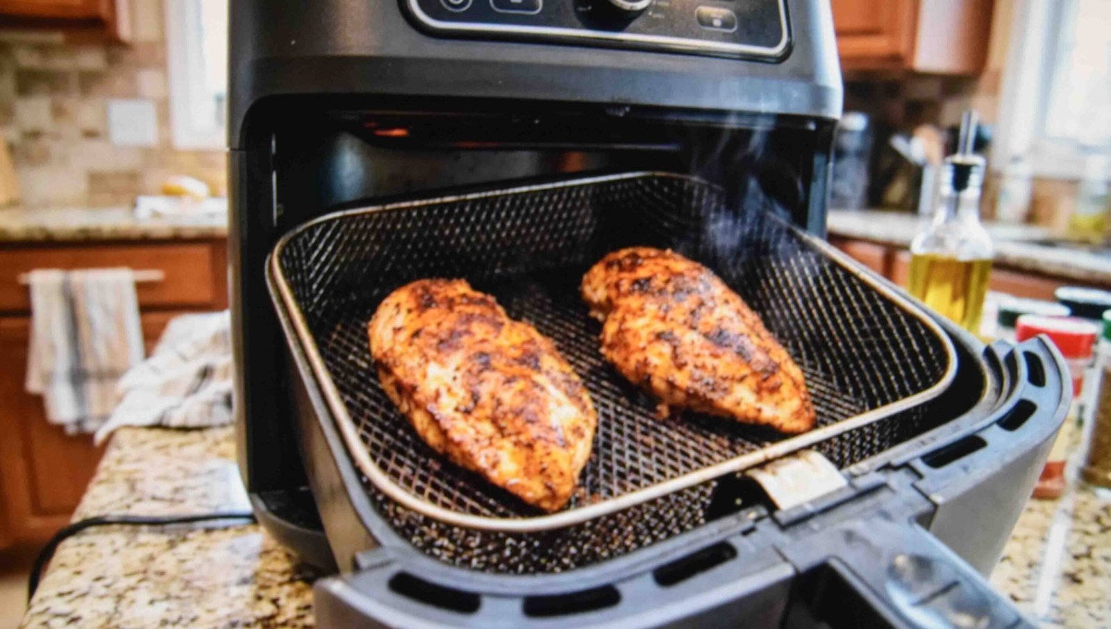 Two breasts cooking at the correct air fryer time and temperature for their weight