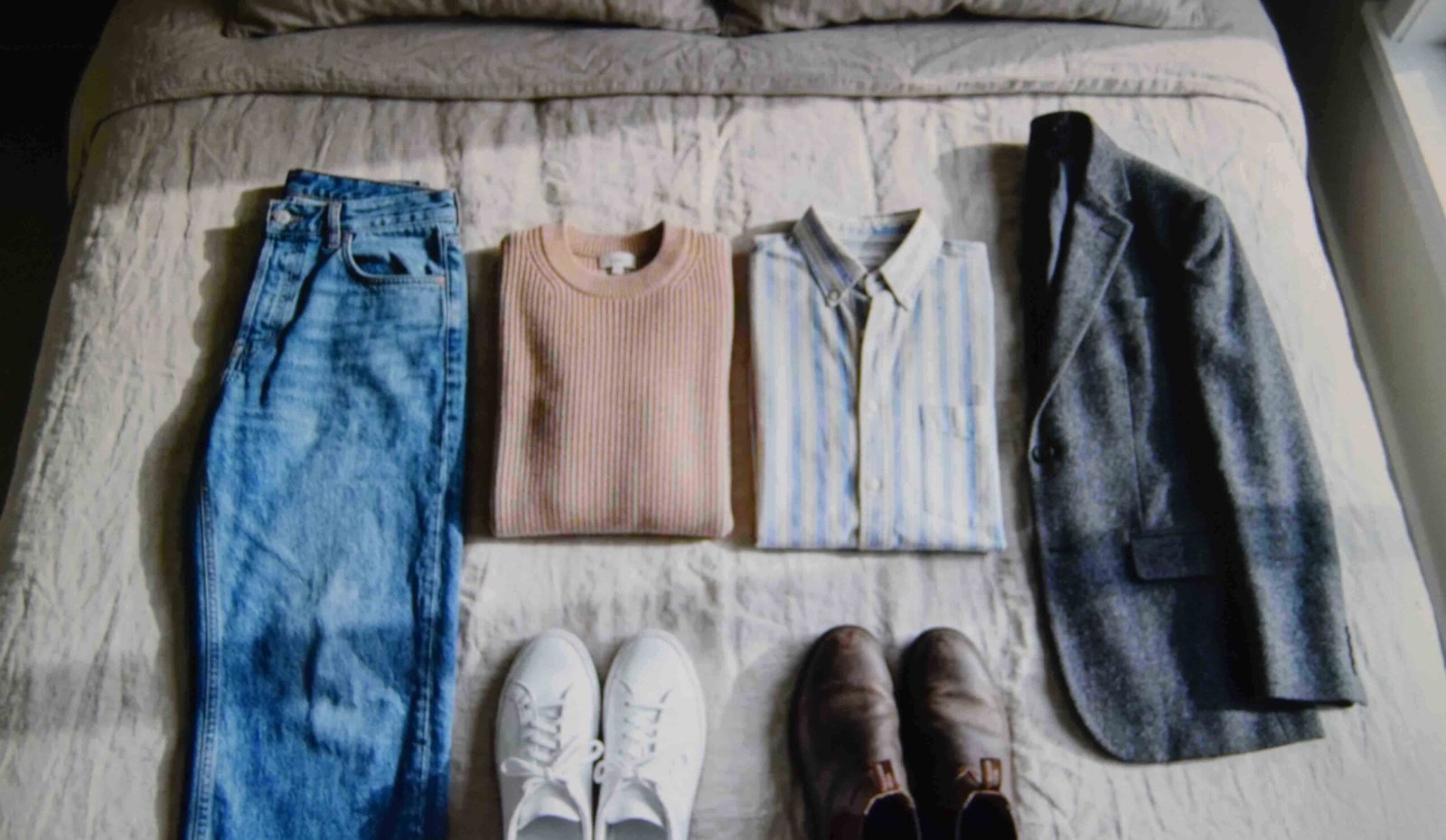One pair of loose jeans laid out with three tops that build three separate outfits