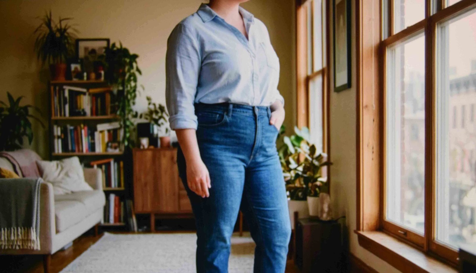 A high rise straight cut styled as a baggy pants outfit for plus size figures