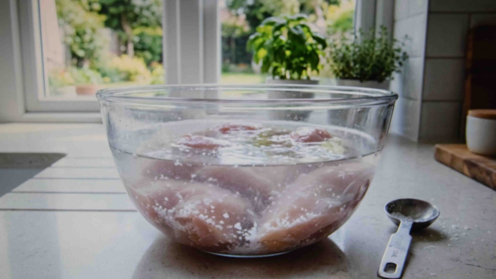 Chicken breasts brining in salted water before going into the air fryer