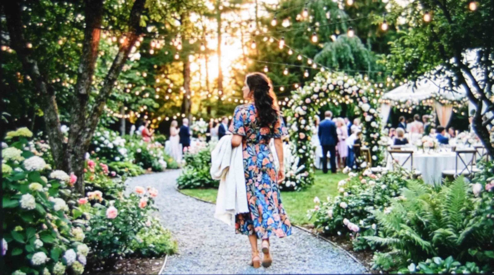 A printed midi and wrap as casual wedding outfit ideas for women outdoors