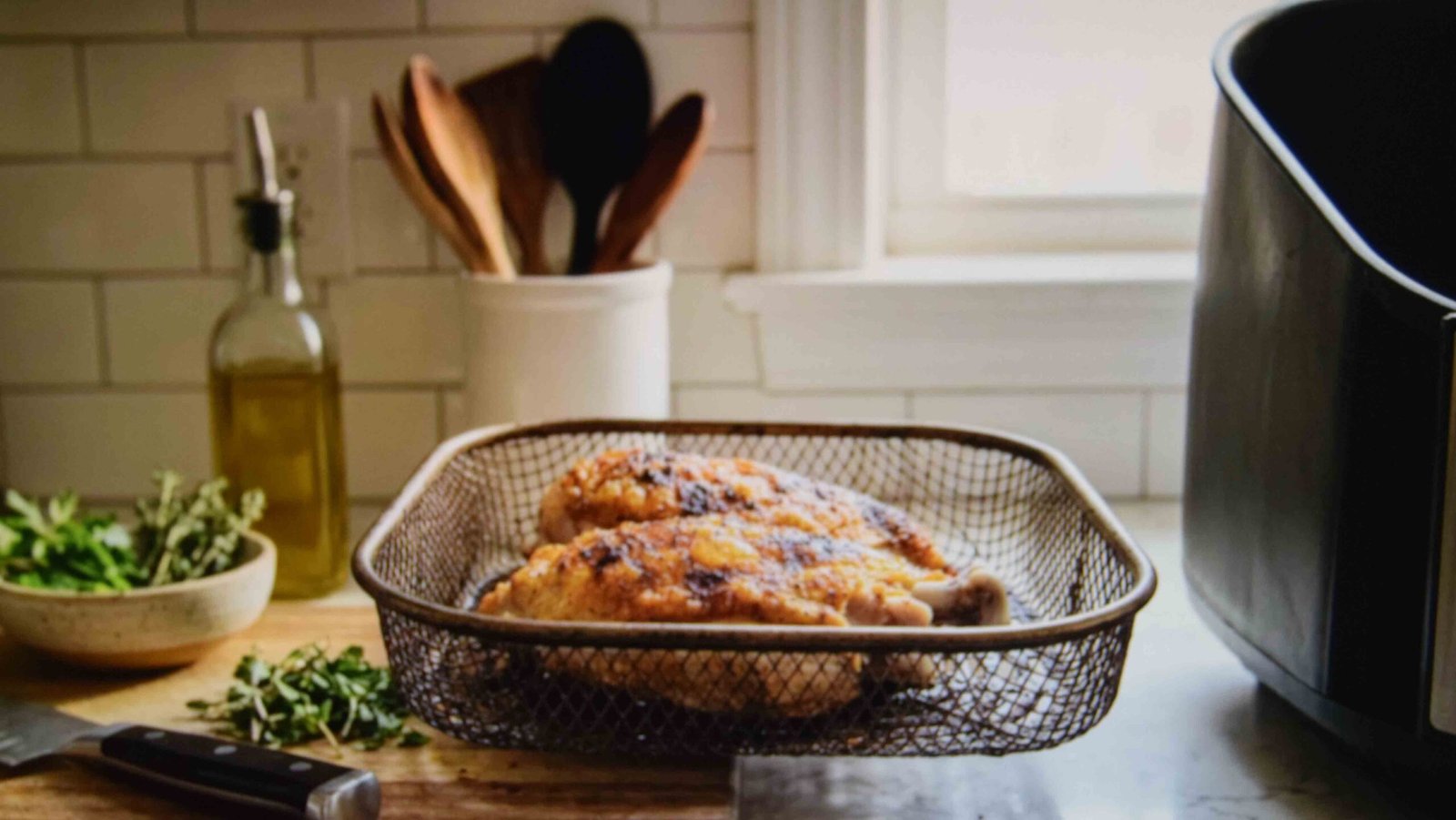 Bone in chicken breast crisping in the air fryer with the skin facing up