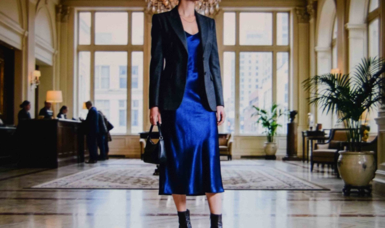 A satin midi with a tailored jacket styled for cocktail attire at a wedding