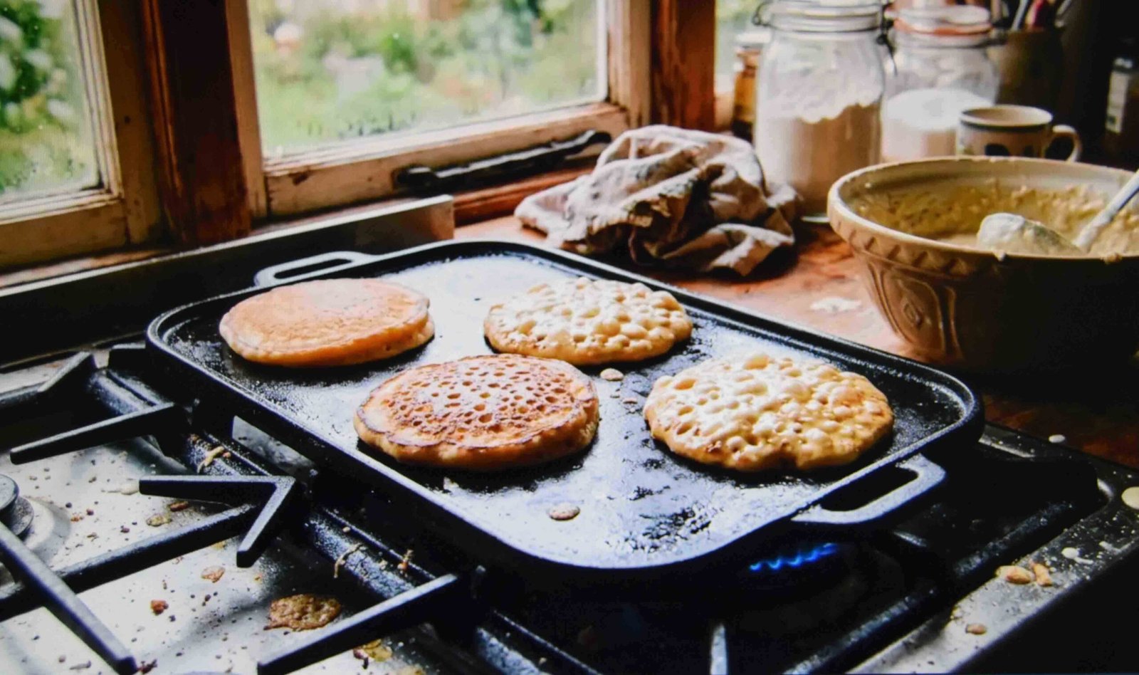 Discard pancakes bubbling on a griddle as one of the easiest recipes to start with