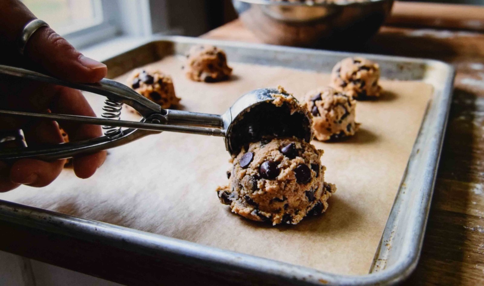 Chilled discard cookie dough being scooped for an easy dessert
