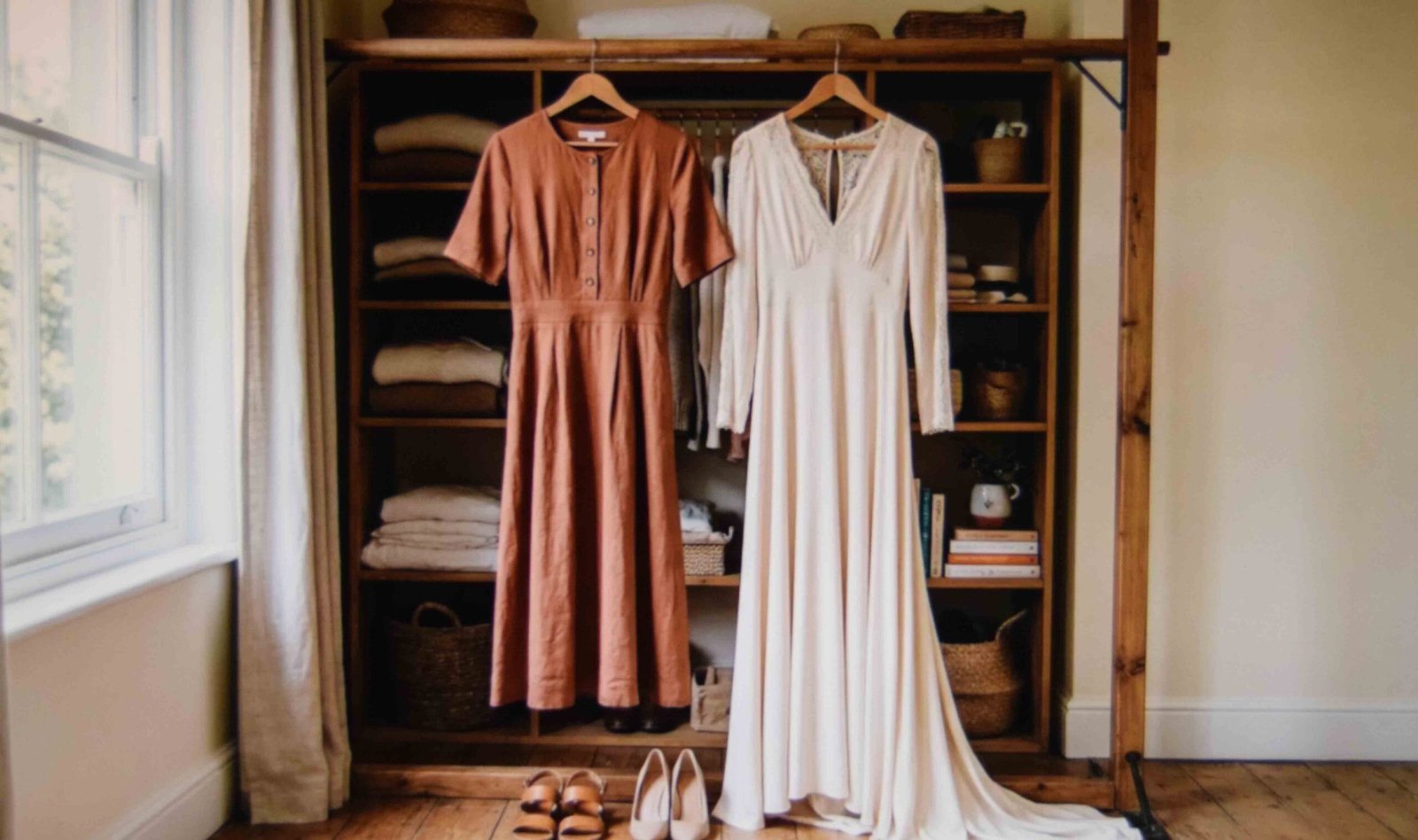 A midi and a floor length gown hung together to compare formal dress codes