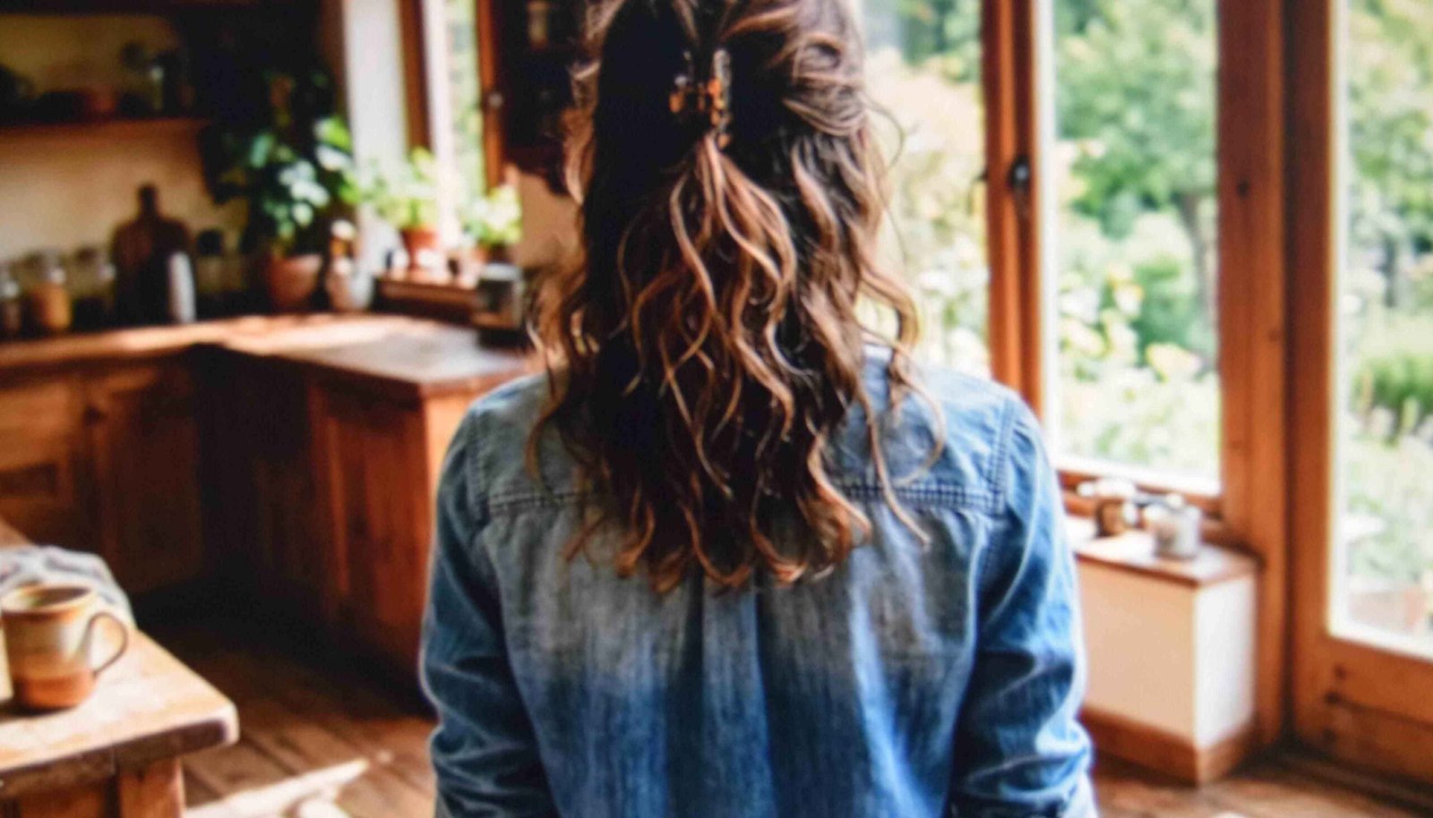 Loose half up claw clip style on wavy second day hair photographed from behind by a window
