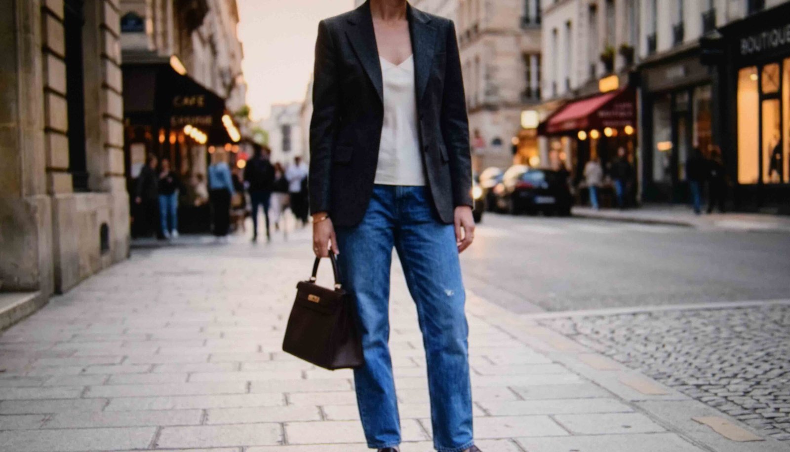 A structured blazer showing how to dress up baggy jeans without overdoing it