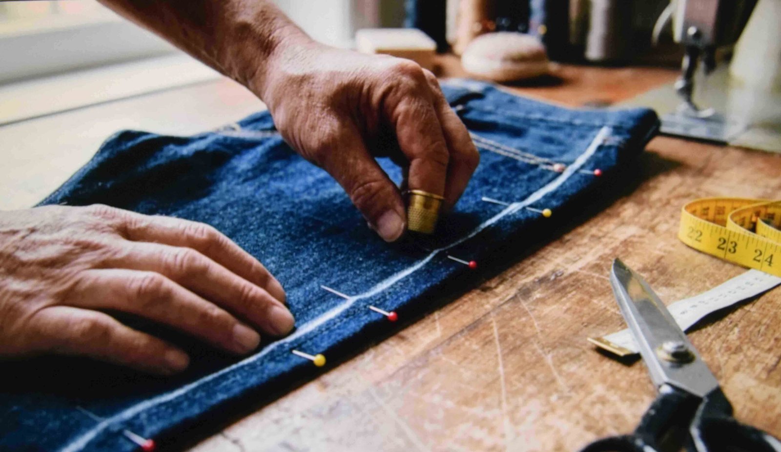 Chalk and pins marking an outseam as part of how to make baggy jeans wider