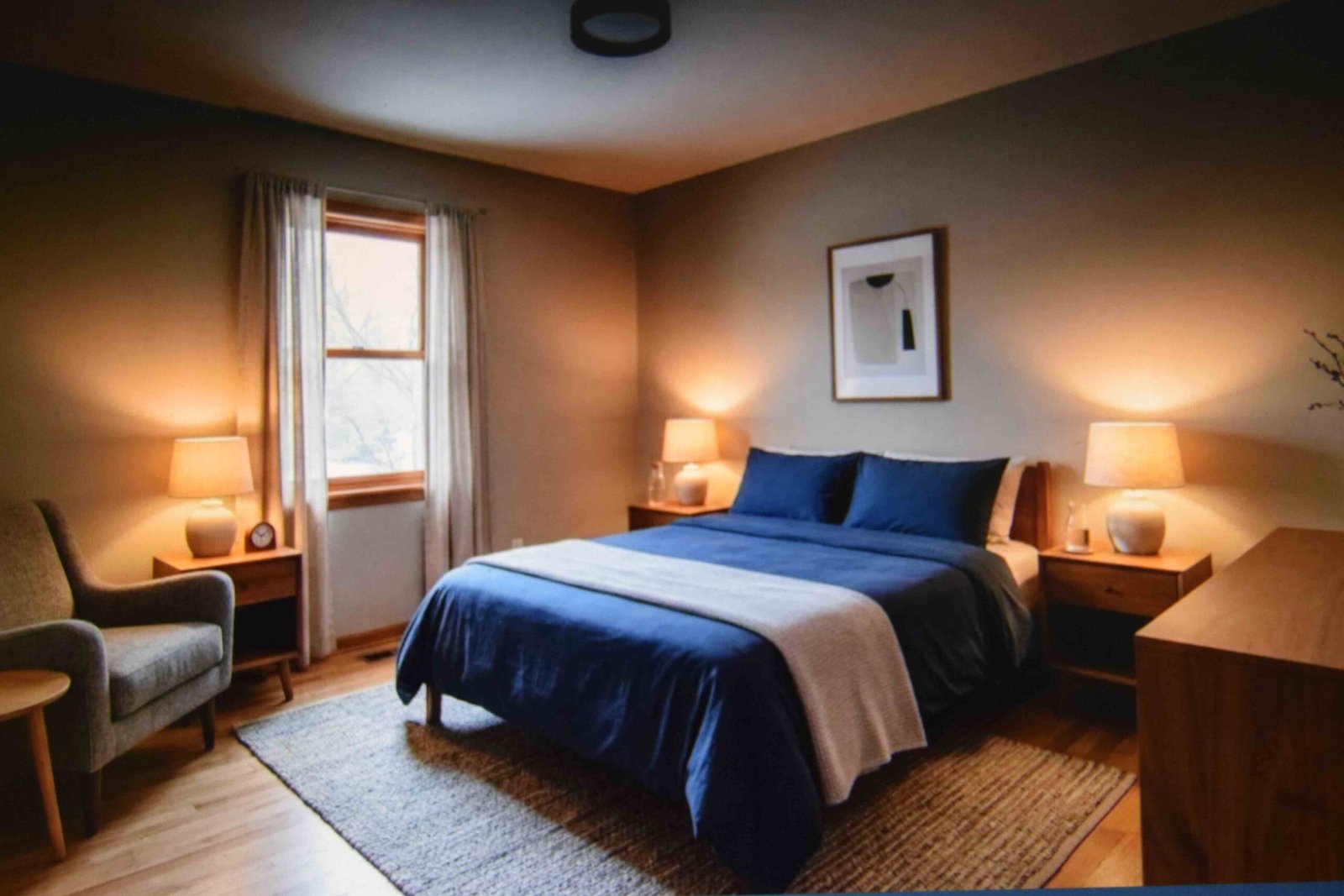 Corner view showing how to stage a master bedroom for listing photographs
