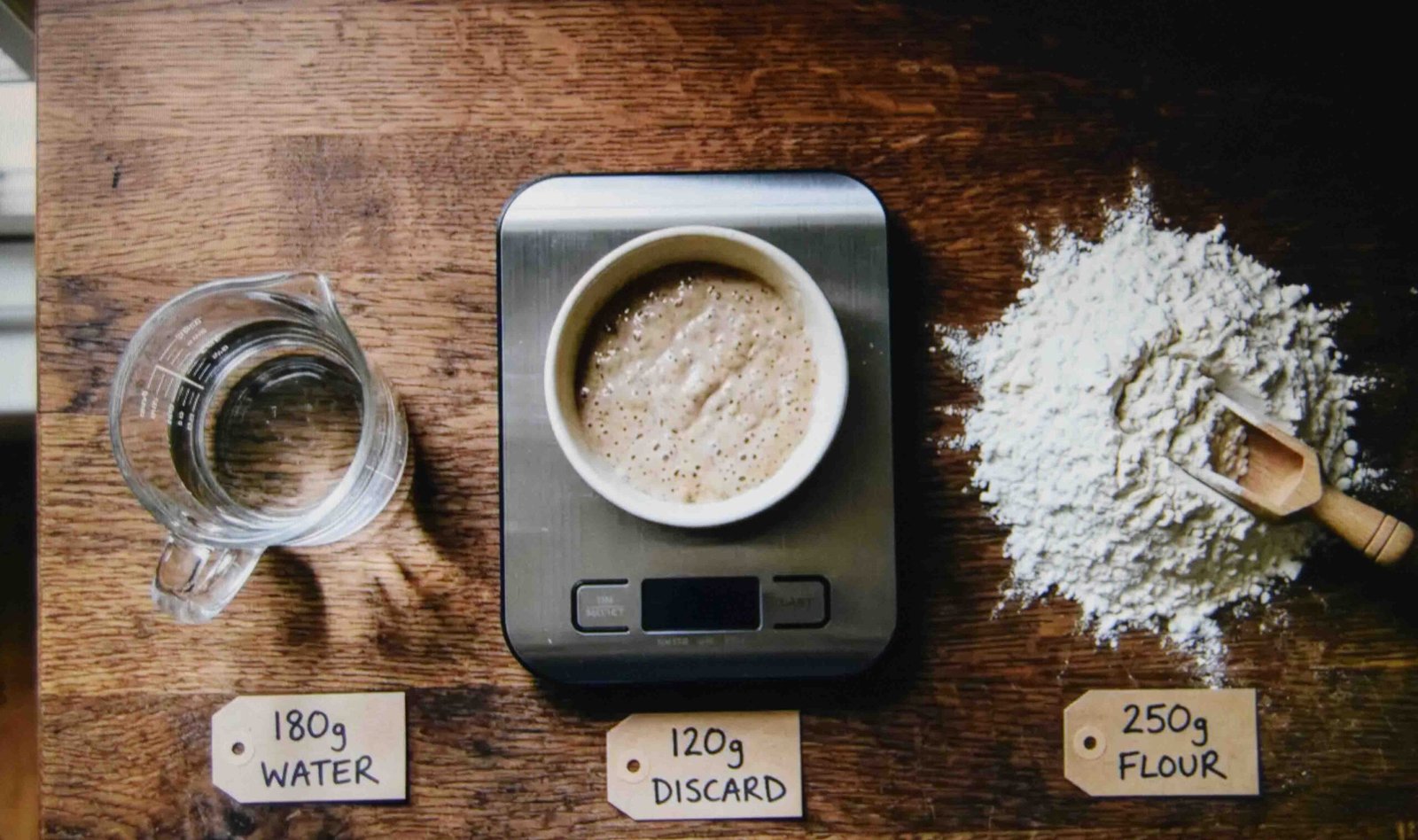 Weighing discard against flour and water to work out the swap ratio