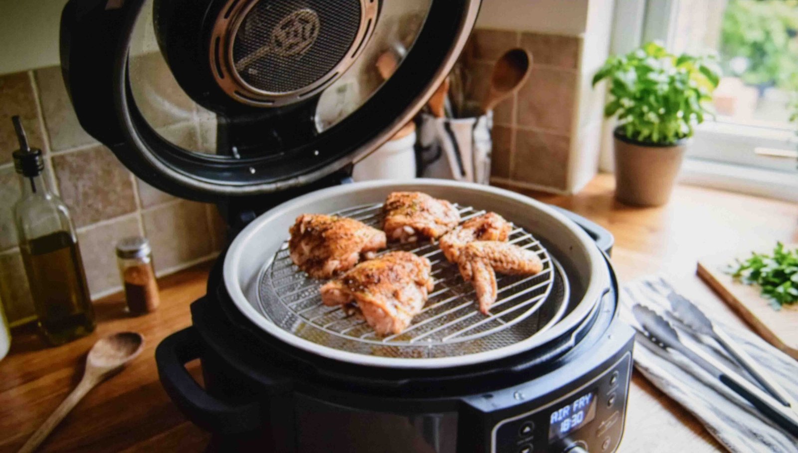 Chicken raised on a rack inside a multi function air fryer cooker
