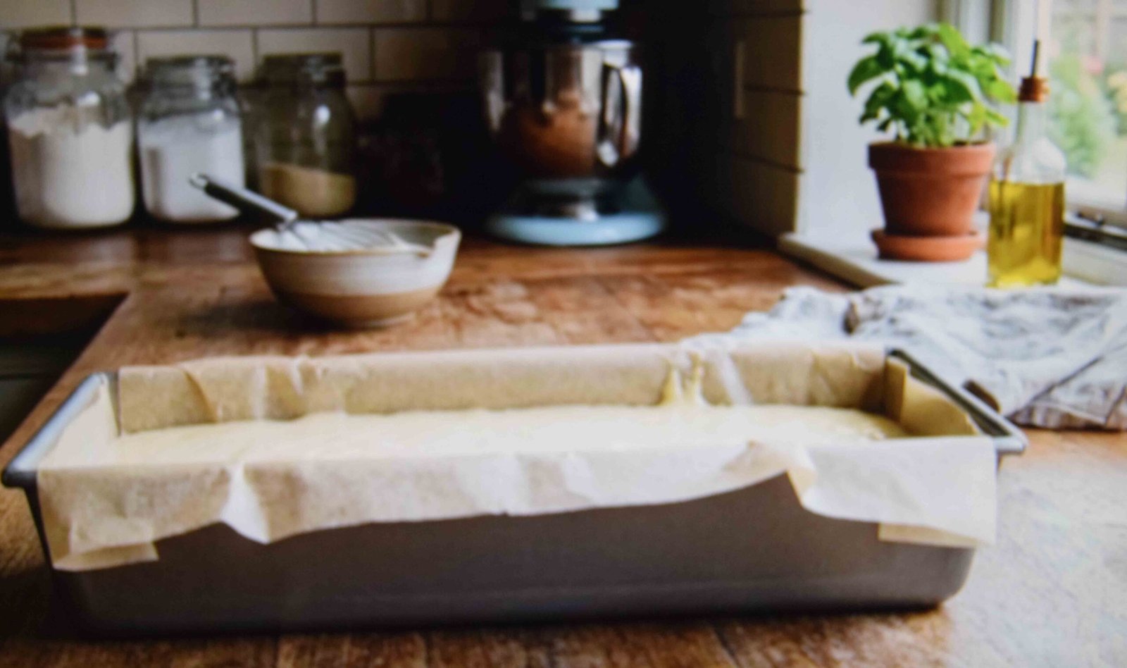 A loaf tin lined with a parchment sling ready for pumpkin streusel batter