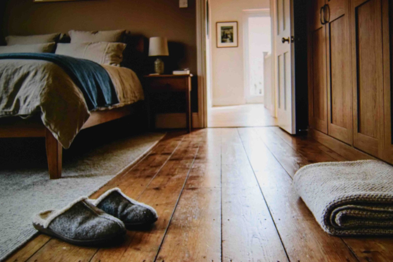 Clear walking path kept open between bed and wardrobe in a main bedroom
