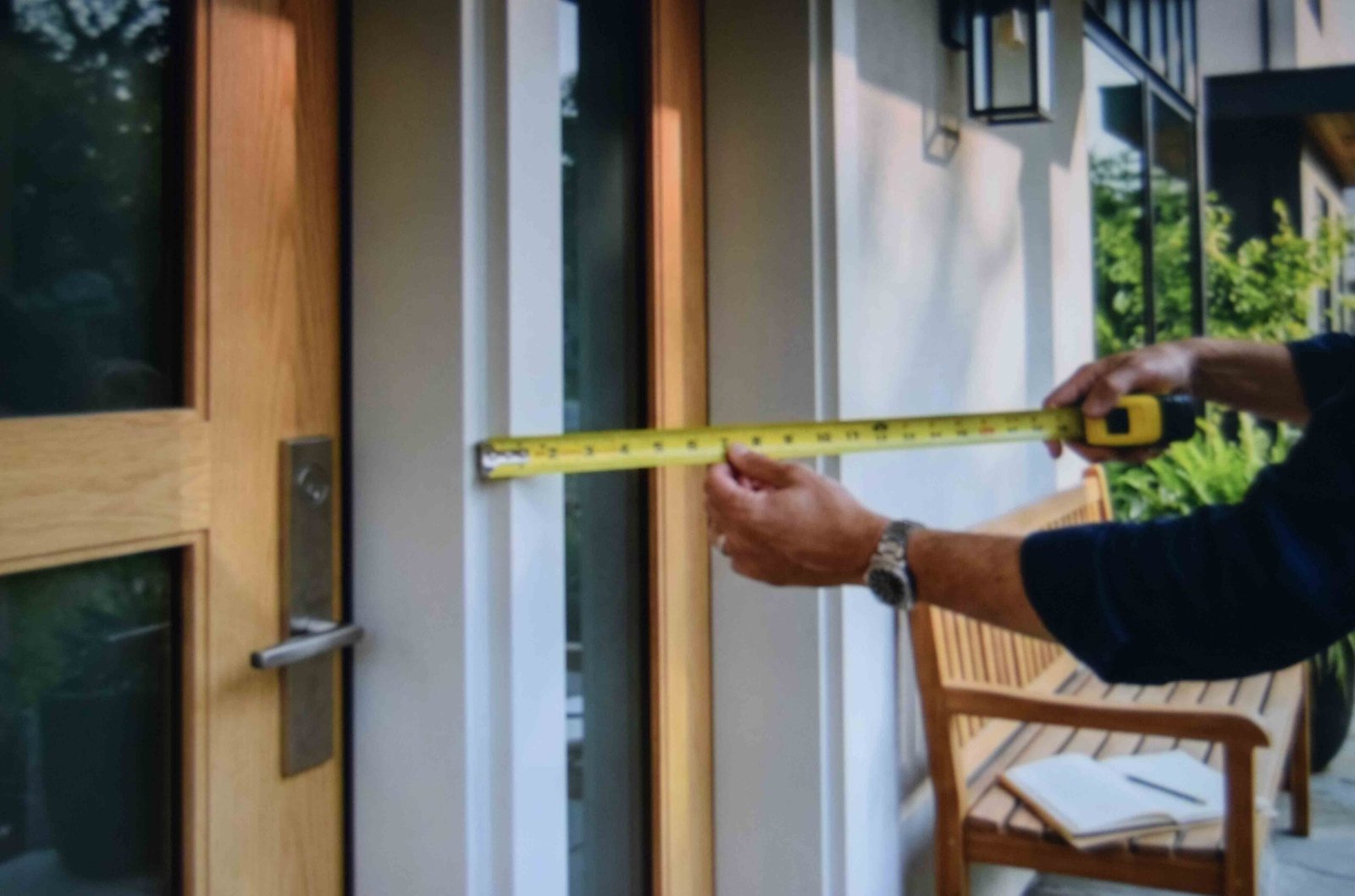 Person measuring the width of a front door panel with a yellow tape measure to determine correct wreath scale.
