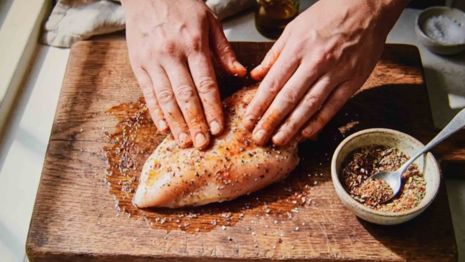 Oil going on before seasoning so the spices stick to the chicken