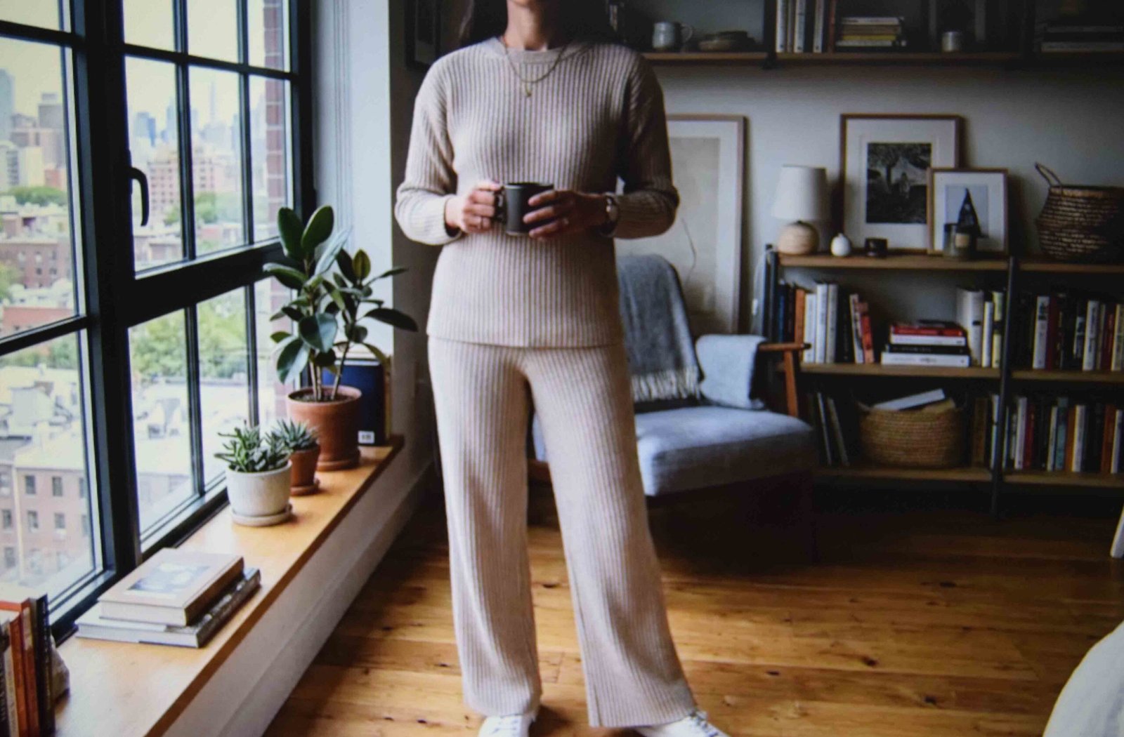 A ribbed knit co-ord set styled as one of several plus size date night looks