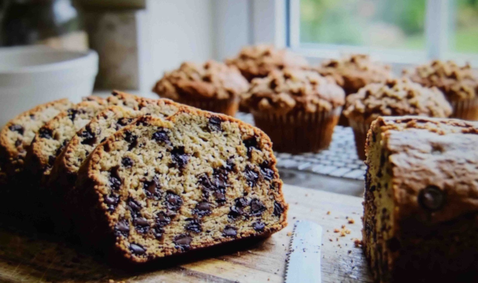 A slice of pumpkin chocolate chip streusel bread showing chips through the crumb
