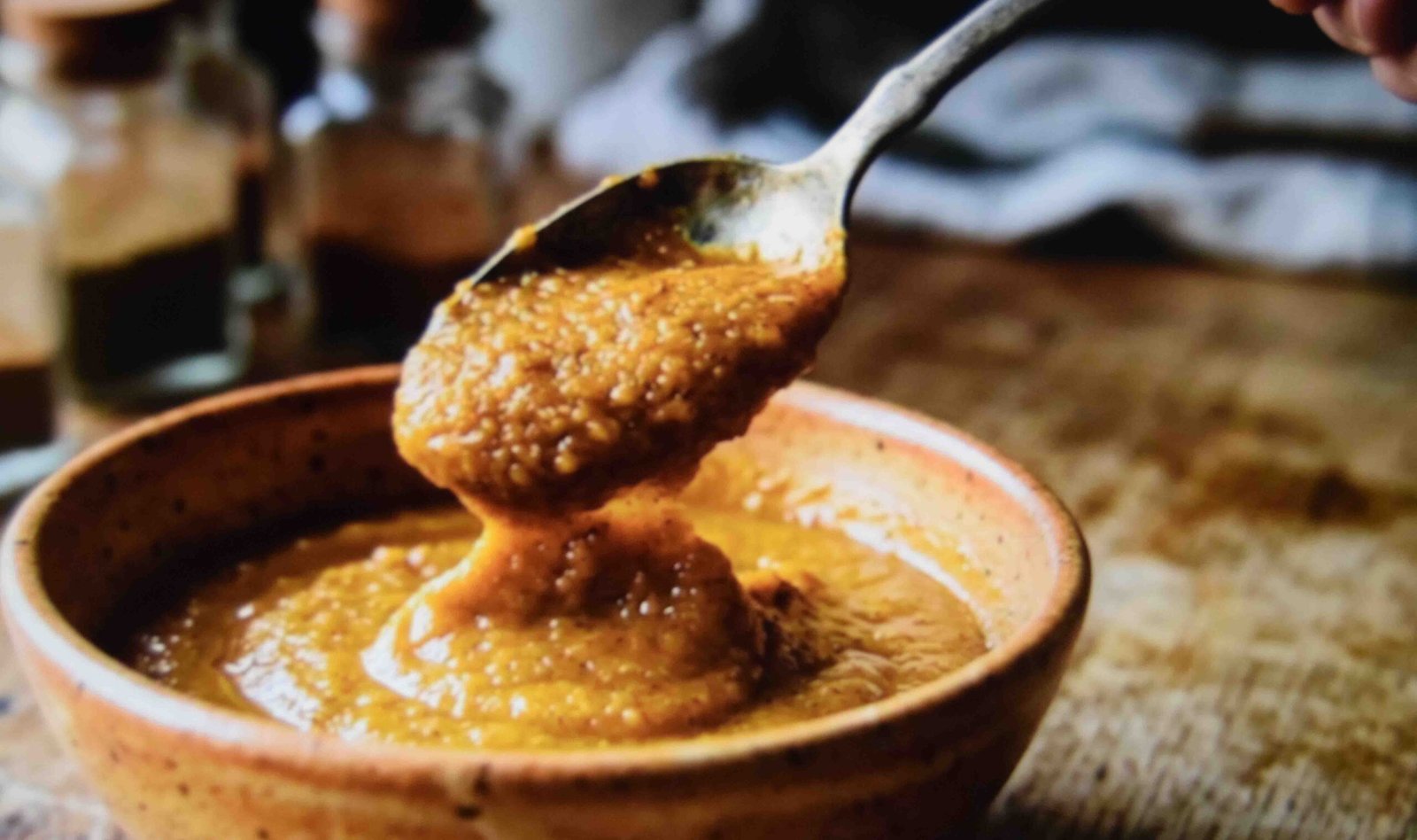 Thick pumpkin puree showing the moisture that makes pumpkin bread tricky to bake