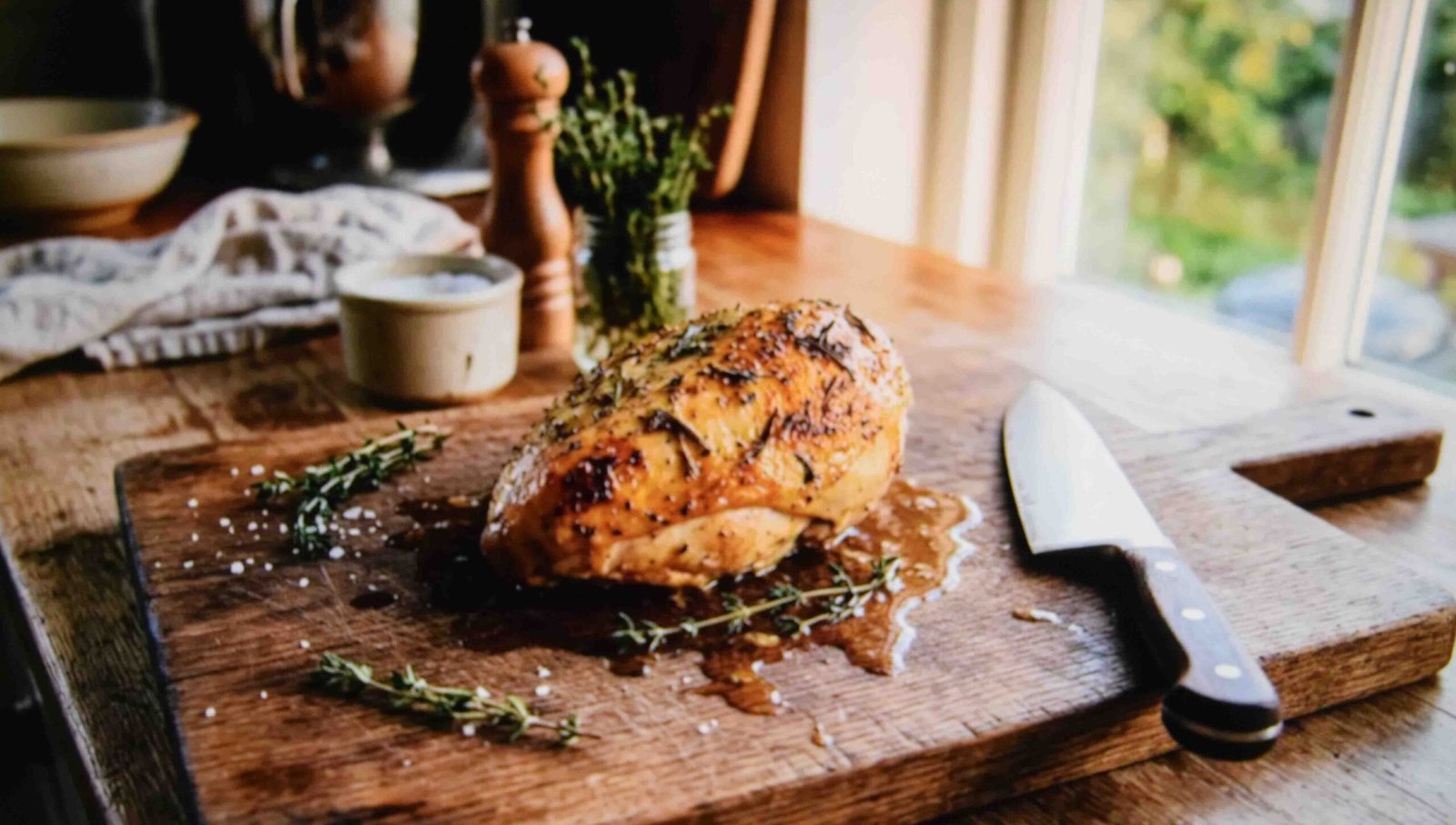 A cooked breast resting on a board before it gets sliced