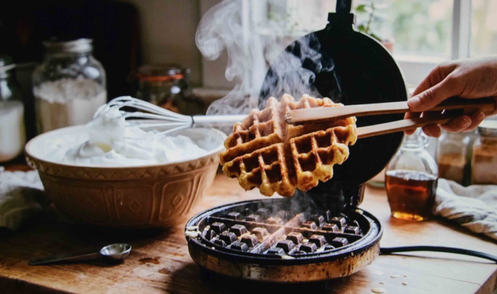 A discard waffle lifted from the iron as a same day recipe with no overnight wait