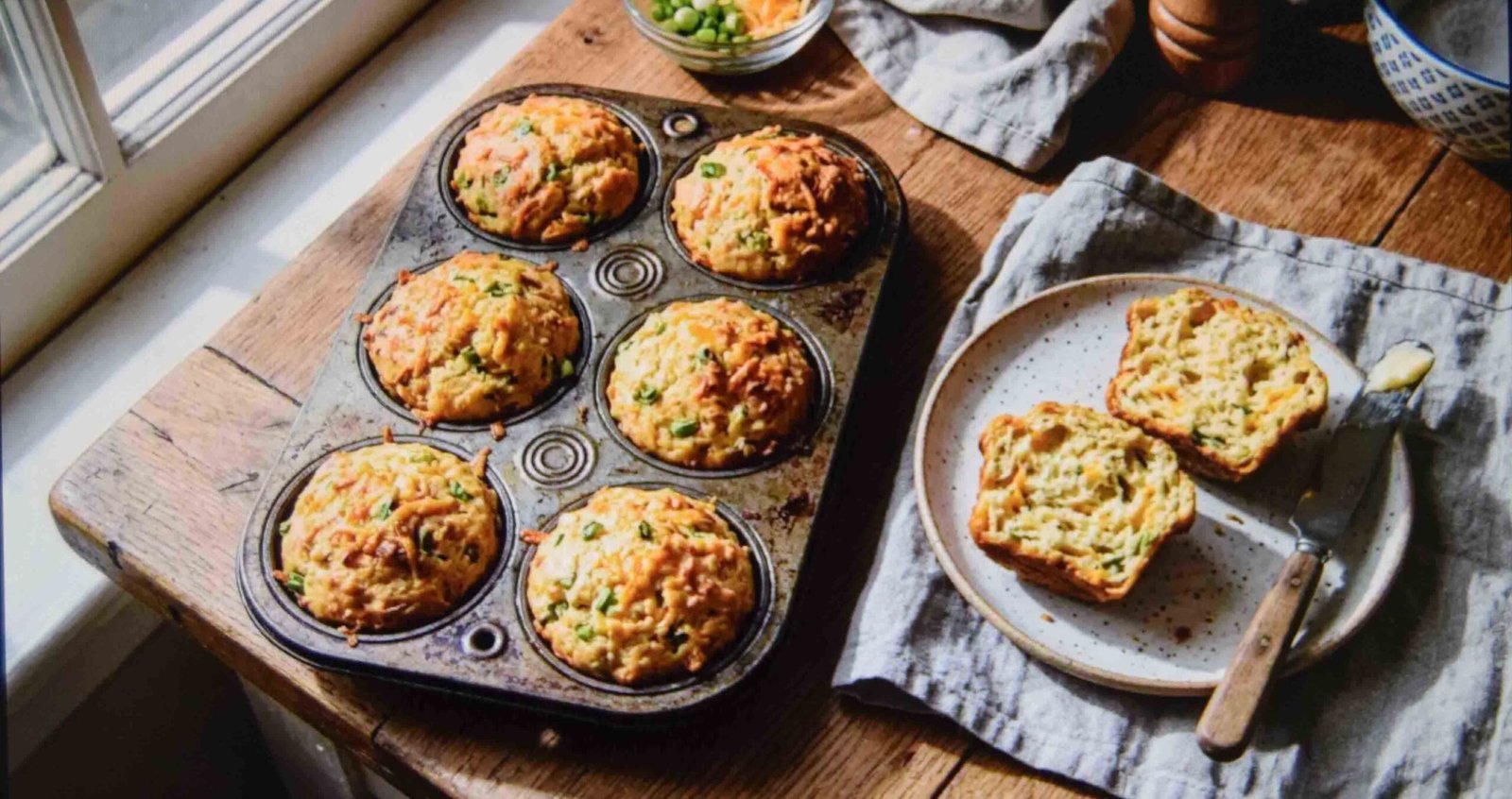 Savoury discard muffins with cheese and scallion baked in a metal tin