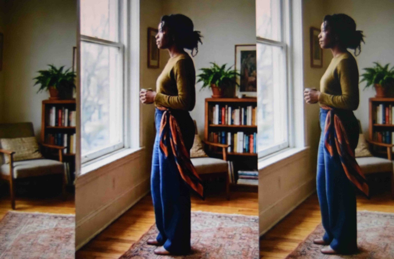 Silk scarf knotted at one hip with a single long tail draping to mid thigh