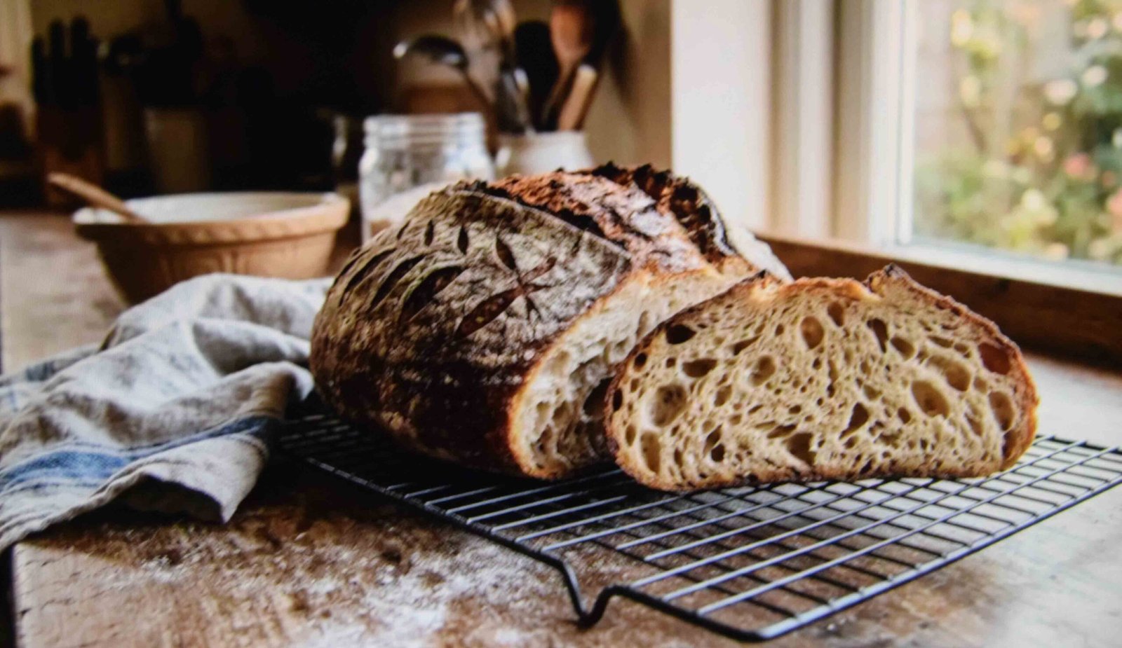 A loaf baked with discard and instant yeast cooling on a rack