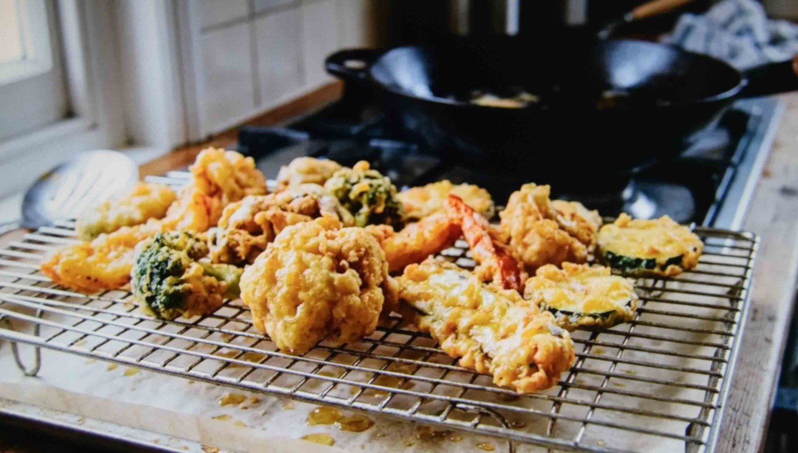 Discard batter fried crisp and draining on a rack instead of paper