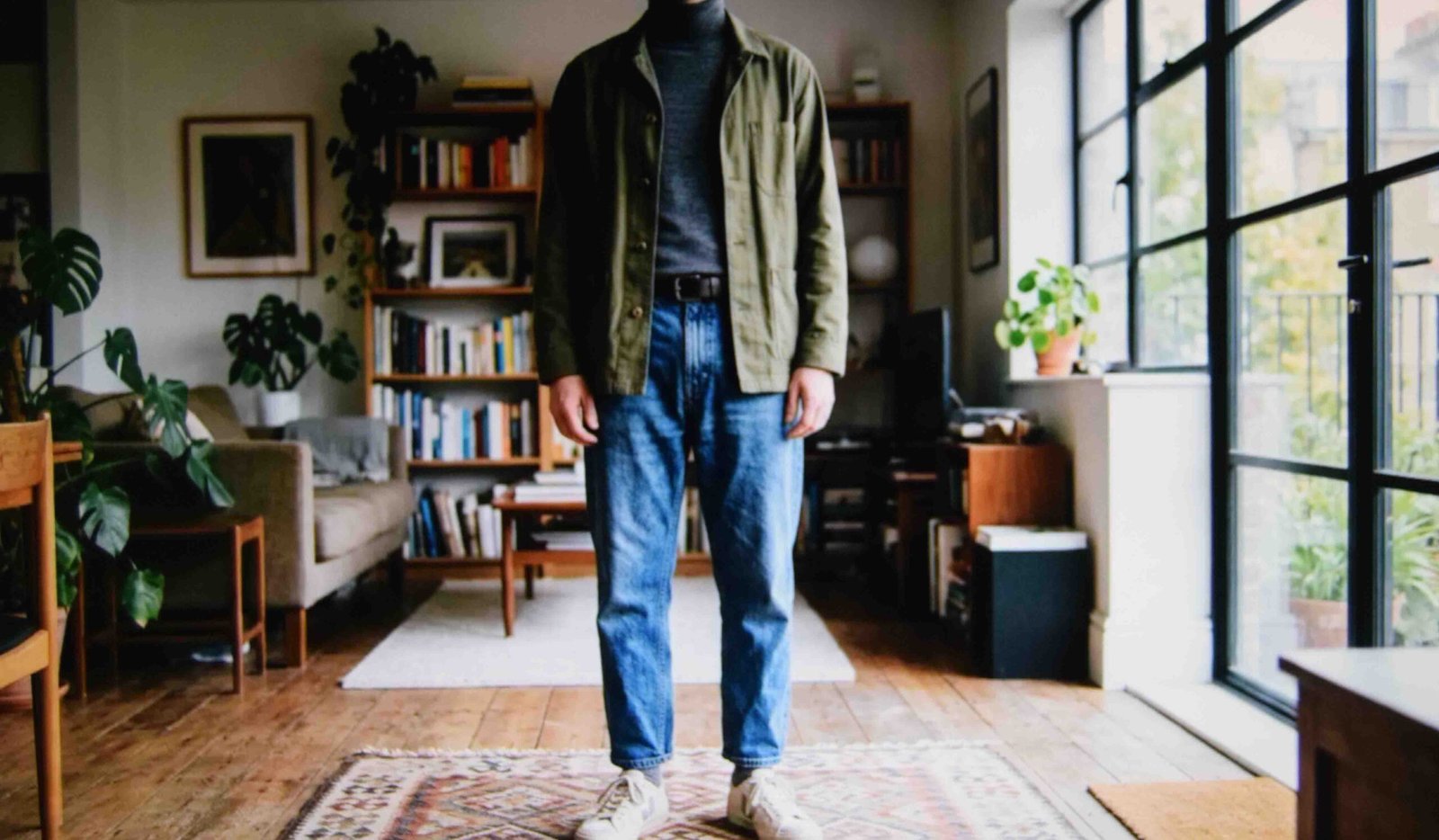 A tucked turtleneck and jacket layered over baggy jeans as a quick outfit formula