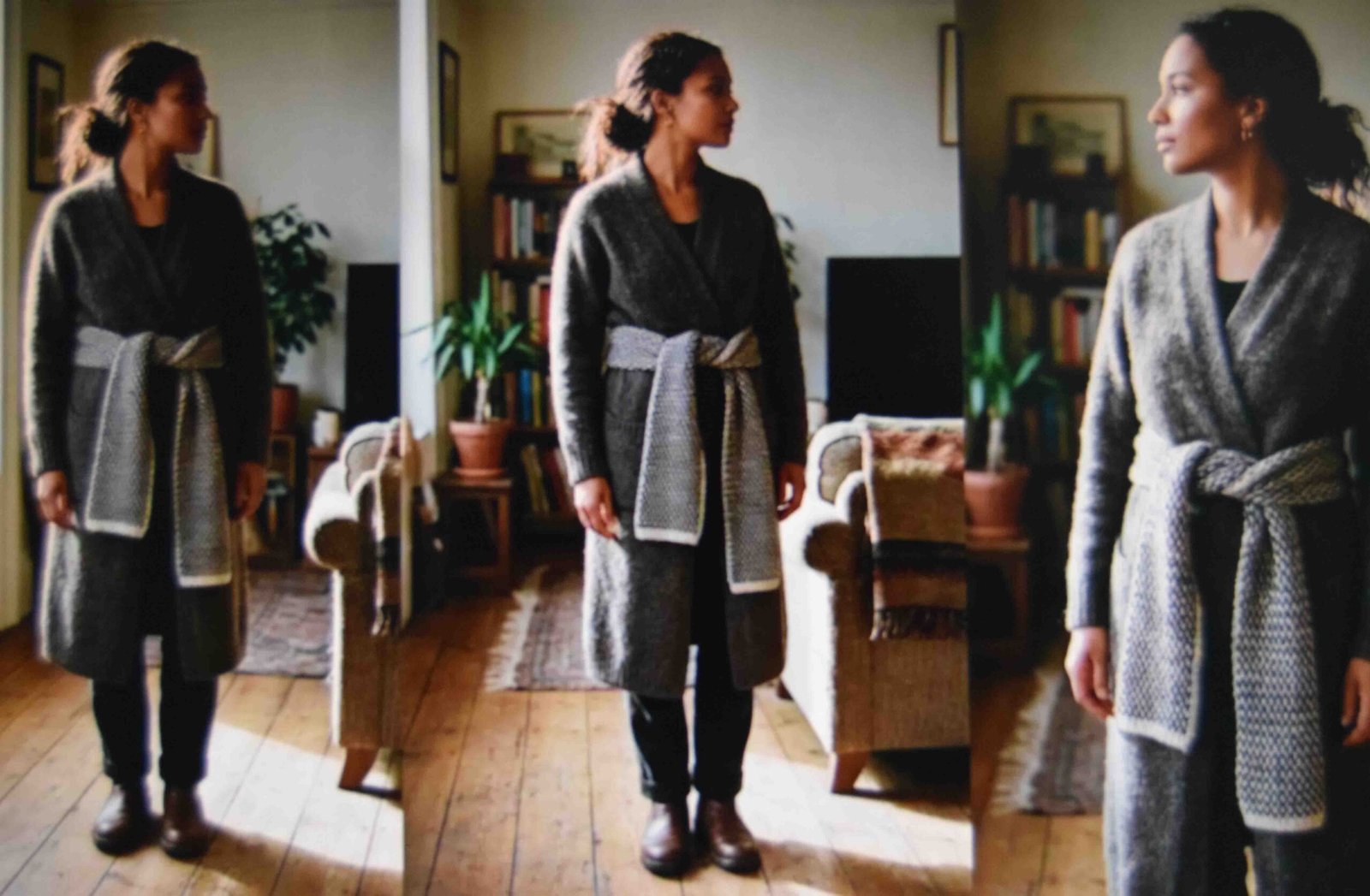 Wide scarf tied at the waist to hold a long wool cardigan closed over crossed fronts