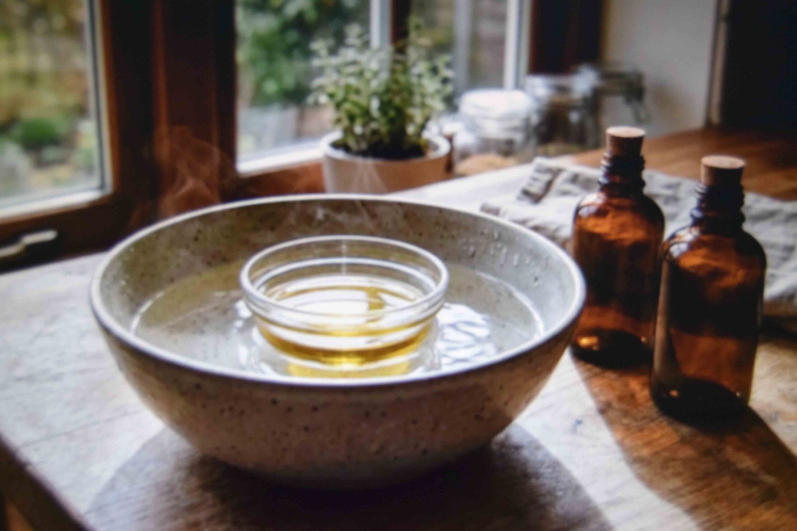Warming a hair oil blend safely before a scalp treatment