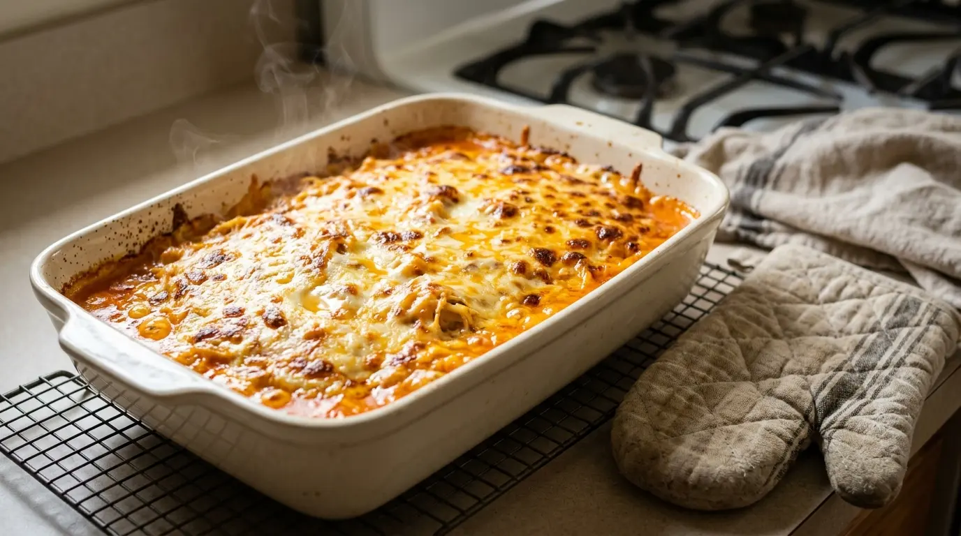 Baked chicken spaghetti bubbling in a 13x9 dish with a browned cheese top