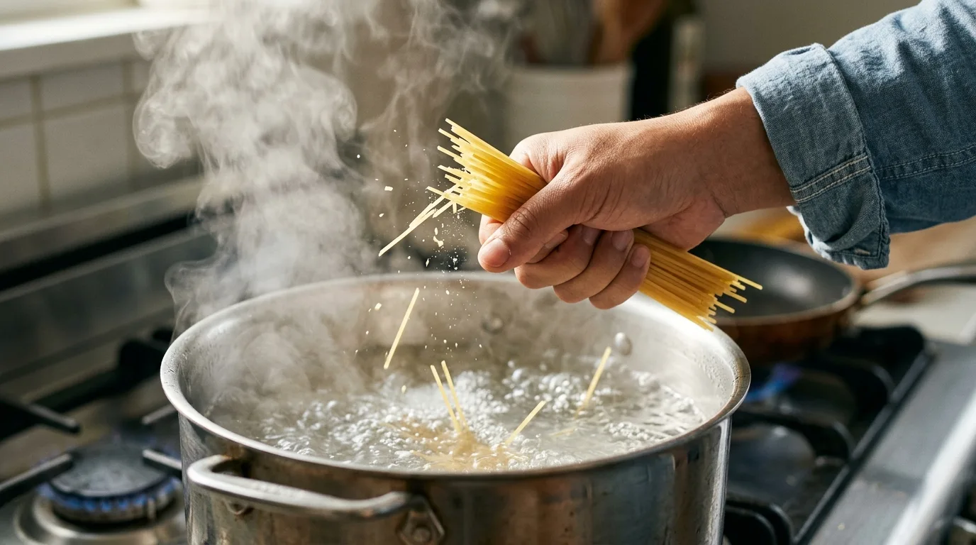 Hand snapping dry spaghetti into shorter pieces over a boiling pot