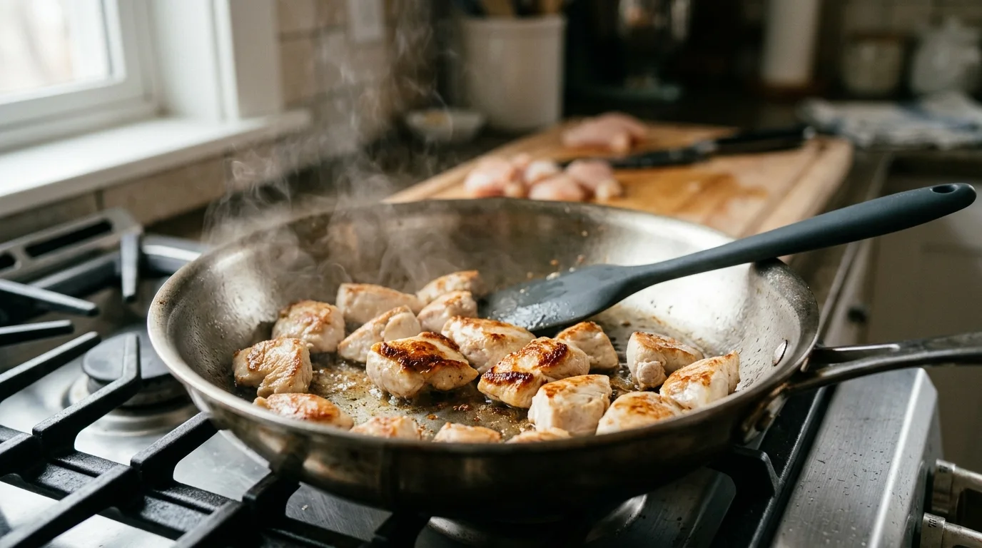 Bite size chicken pieces browning in a stainless skillet on the stove