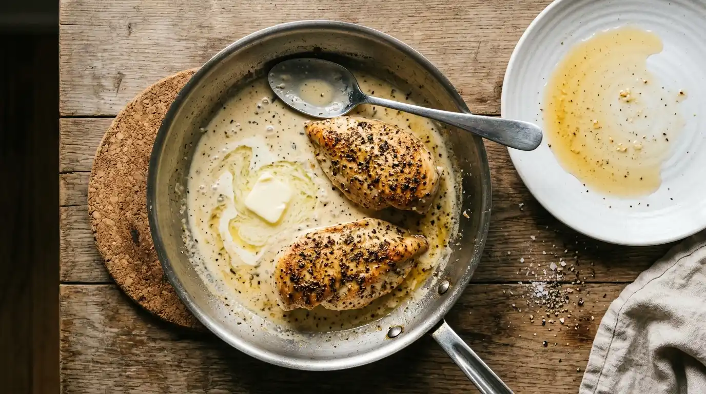 Cold butter melting into peppercorn sauce beside seared chicken in a skillet