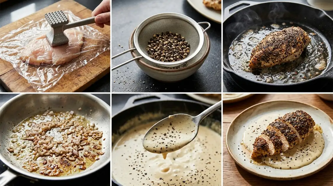 Collage showing chicken au poivre from crushing peppercorns to the plated dish